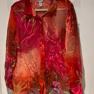 Womens pink orange silk button down blouse